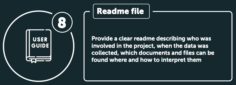 Provide a clear readme describing who was involved in the project, when the data was collected, which documents and files can be found where and how to interpret them